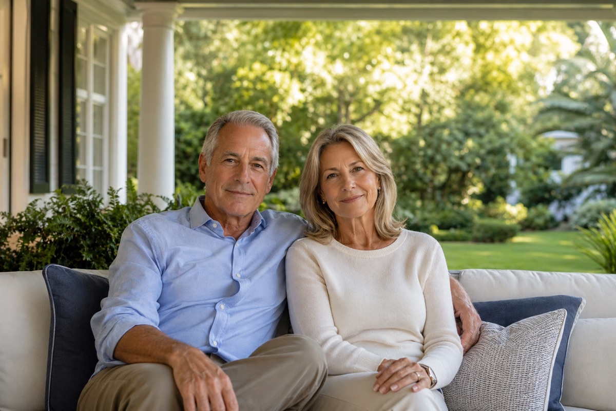 Retired couple sitting on a front porch with a garden